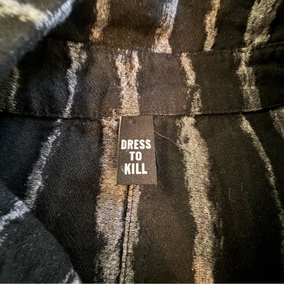 Dress To Kill Black Gray Striped Button-Front Standing Collar Tunic Blouse OS - Picture 7 of 8